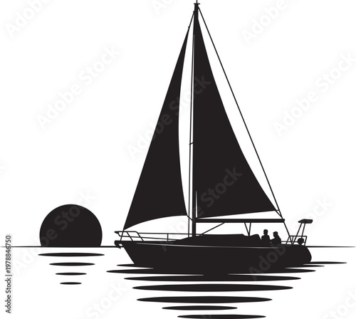 Sailboat icon set with water, silhouette, and sunset in outline style for minimalist and calm