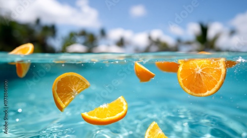 Orange Slices Float in Clear Water Creating a Bright Summer Scene