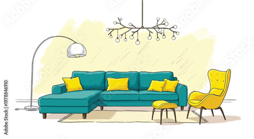 A brightly colored sketched illustration of a modern living room interior with a sofa and chair
