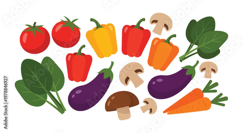 A colorful arrangement of fresh vegetables including tomatoes peppers eggplant and mushrooms rendered as a silhouette high quality professional detailed modern