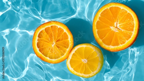 Slices of Orange Float on the Surface of Clear Water Creating Reflections Und...