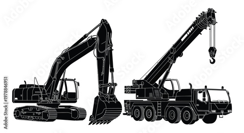 Detailed black silhouette illustration of a construction excavator and mobile crane on a white background silhouette high quality professional detailed modern