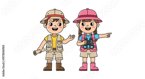 Two cheerful cartoon children dressed as explorers one pointing showcase adventure and discovery a flat silhouette high quality professional detailed modern