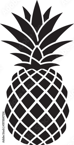 Stylized black silhouette of a pineapple, a tropical fruit with spiky leaves, isolated on