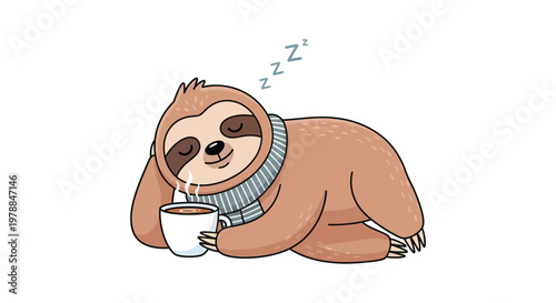 A charming illustration depicts a relaxed sloth enjoying a warm drink while peacefully sleeping silhouette high quality professional detailed modern elegant