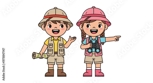 Two cheerful cartoon children a boy and a girl dressed as explorers with safari hats and gear silhouette high quality professional