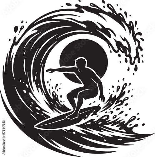 Surfer riding a wave with sun behind, illustration for silhouette and vector art