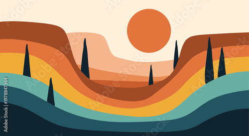 Sunset in abstract desert landscape with bold colors and simplistic forms