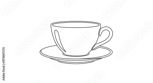 A minimalist line drawing depicts a classic teacup sitting atop its matching saucer