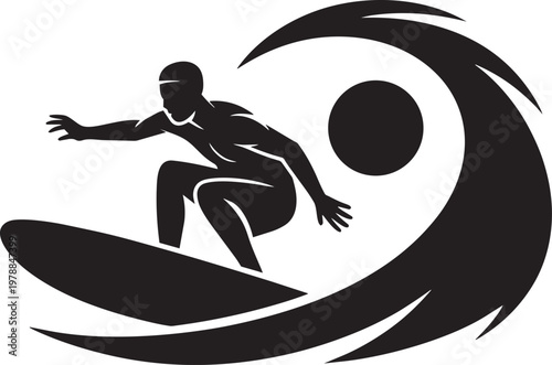 Surfer riding a wave with the sun behind illustration for silhouette and water sport