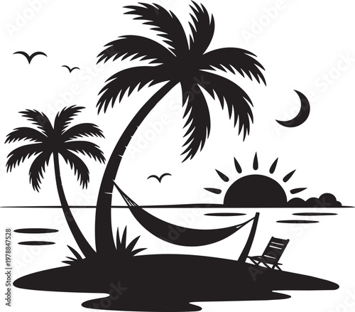 Tropical island with palm trees, hammock, chair, and sunset in outline style