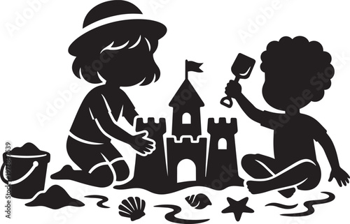 Two children building a sandcastle on a beach with shells and a bucket for sand play and sand