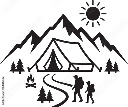 Two hikers with backpacks walk a winding path towards a mountain campsite with a tent, campfire