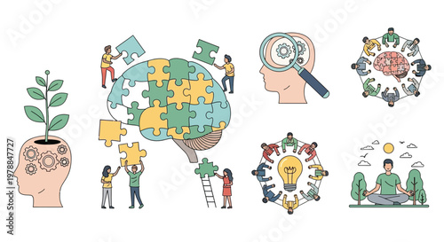 Illustrative depiction of teamwork problem solving and growth concepts with brain imagery and human figures silhouette high quality professional detailed modern elegant