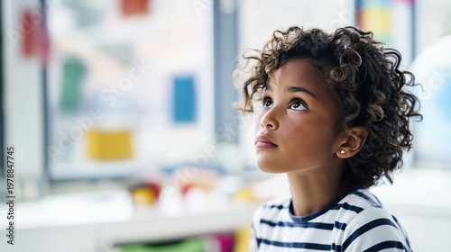 Child Looks up in a Room With Colorful Decorations and Toys During a Fun Mome...