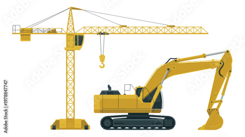 Professional yellow construction crane and powerful hydraulic excavator machinery presented in a flat vector style for industrial project planning isolated on clear bright on white background