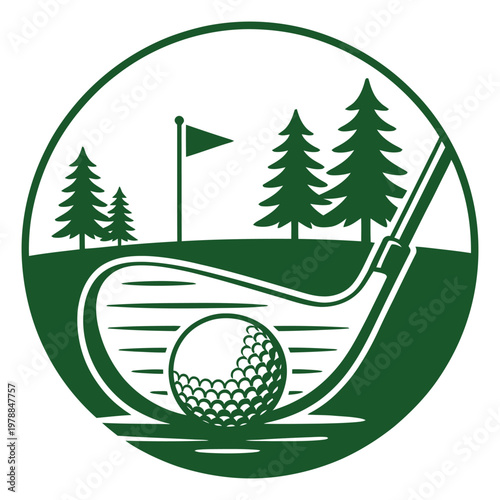 Golfer executing a swing near a flag and trees on a golf course