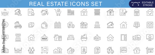 Real estate icons set with property, house, rent, buy, mortgage, construction, building, home services, outline vector collection for web, app, UI, infographic and business design editable stroke.