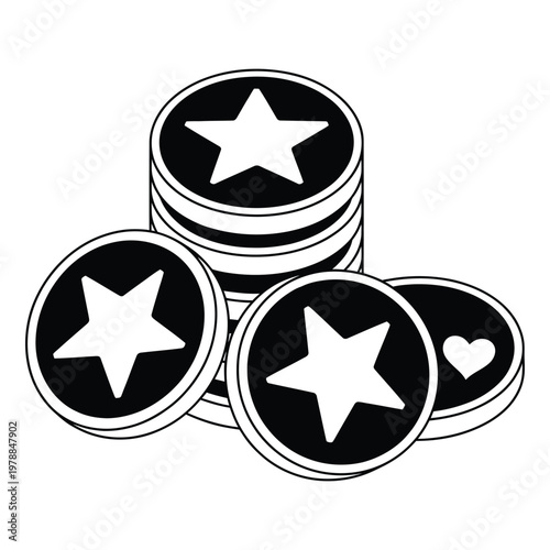 Stack of tokens with star and heart symbols for a game or collection