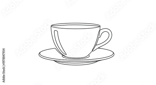 A simple line drawing depicts a white teacup and saucer showcasing delicate curves and minimalist design