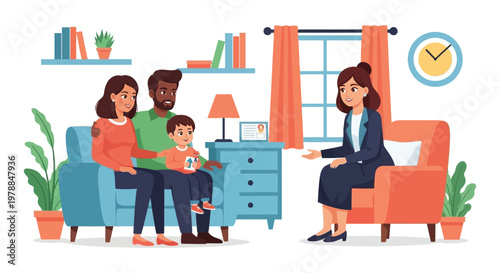 A family sits with a professional in a brightly lit living room discussing important matters silhouette high quality detailed modern elegant