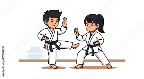 Two young martial artists practice karate one executing a kick while the other prepares to block silhouette high quality professional detailed