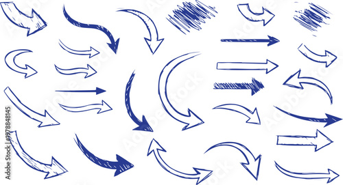 Hand drawn arrow vector set — doodle sketch curved arrows and symbols in black ink