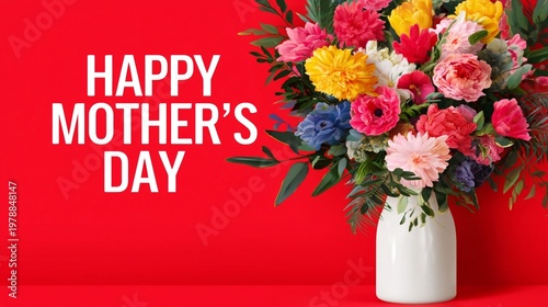 Bright Bouquet Displayed on Red Background for Mothers Day Celebration