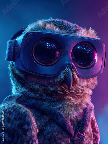 Close-up of a realistic owl with a virtual reality headset against a vibrant blue and pink gradient background, concept of technology and innovation.