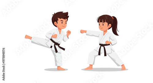Two young children practice martial arts demonstrating dynamic kicks and punches in a playful scene silhouette high quality professional detailed modern