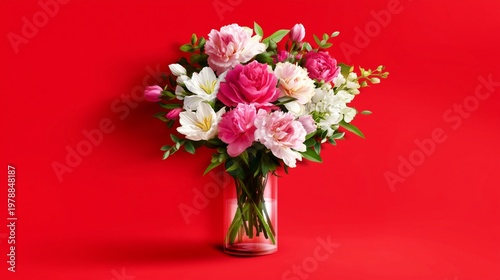 Bright Flowers in a Vase Placed on a Table Against a Red Background With Gree...
