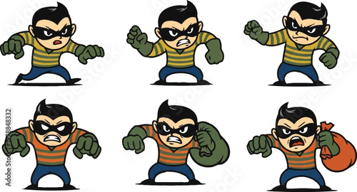 Cartoon thief character poses in different actions and emotions