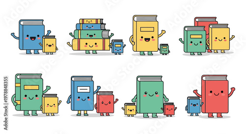 A colorful collection of anthropomorphic books with smiling faces and waving arms presented as a charming silhouette high quality professional detailed