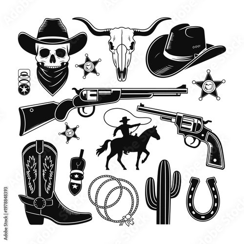 Classic western iconography collection featuring cowboy essentials and symbols