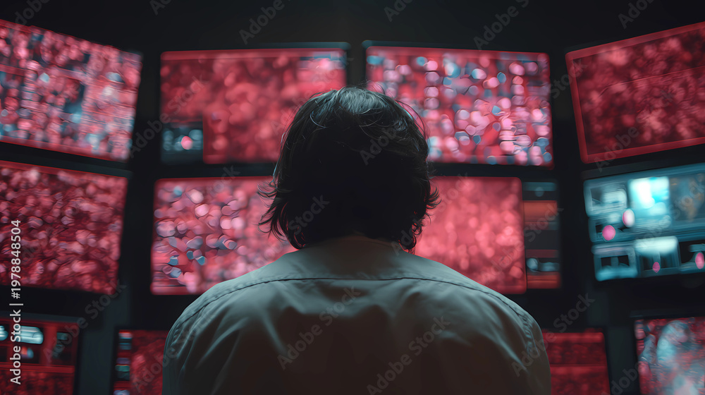 Fototapeta premium Cybersecurity expert monitoring a data breach and digital threats on large display screens, Generative AI illustrations.