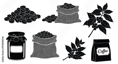 A collection of coffee beans sacks a jar and foliage presented in a striking black silhouette high quality professional detailed modern