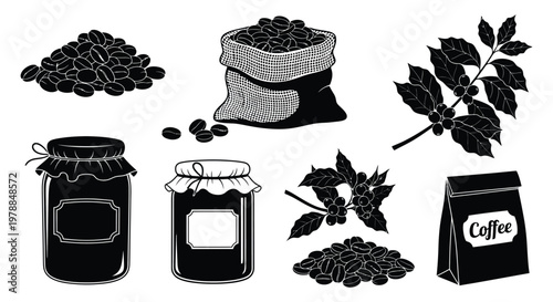 A collection of coffee beans bags jars and leaves presented in a striking black silhouette high quality professional detailed modern elegant