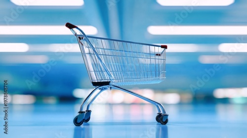 Shopping Cart on Blue Floor in a Store With Bright Lights
