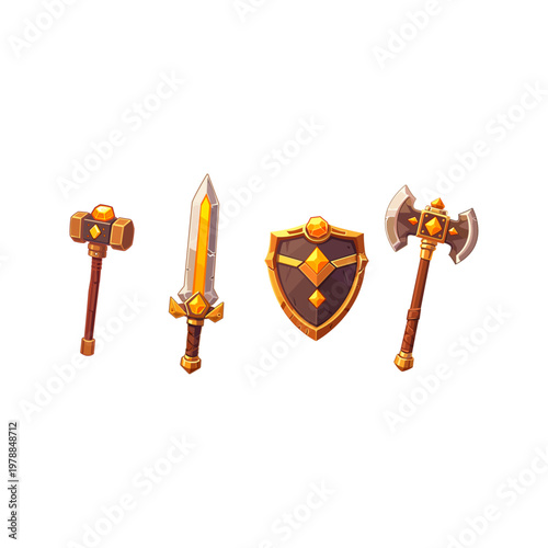 Set of fantasy game weapons and armor icons including hammer sword shield and axe with golden details.