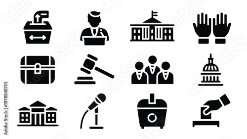 Modern collection of black glyph style icons showcasing governmental functions, legal proceedings, democratic voting, and public service elements on white background. on white background