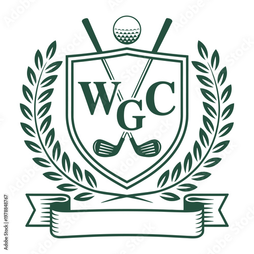 Elegant crest featuring golf equipment and wgc initials in a classic design