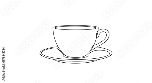 A simple line drawing depicts a classic teacup and saucer showcasing elegant simplicity