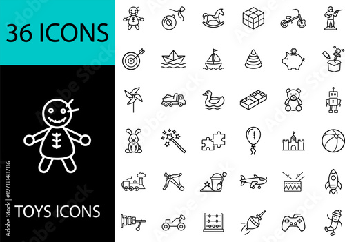Toys Icons Set - 36 Line Icons for Children's Toys, Games, Dolls, Blocks, Vehicles, Sports & Play Equipment - Vector Illustration for Web & Design