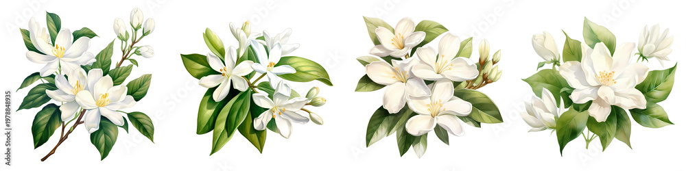 Obraz premium Elegant magnolia blossoms with leaves arranged in different clusters and compositions