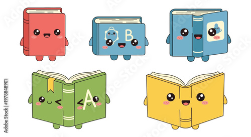 Adorable anthropomorphic books with cute faces and rosy cheeks are depicted in a playful illustration silhouette high quality professional detailed modern