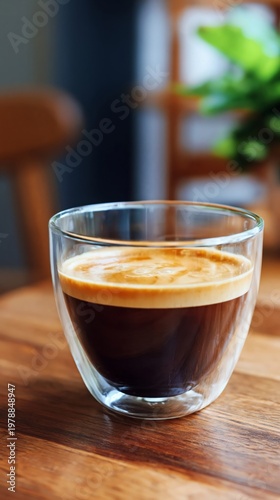 Freshly Brewed Coffee Served in a Clear Glass on a Wooden Table With Trees in...