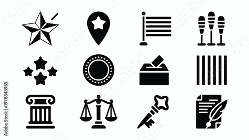 Detailed collection of black political symbols including stars flags voting boxes columns scales and documents representing american government and democratic institutions shown isolated on white back