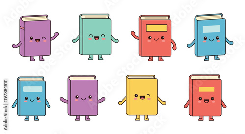 A collection of cute anthropomorphic books with smiling faces and waving arms presented in a colorful illustration silhouette high quality professional