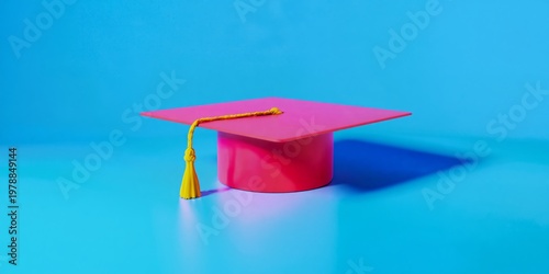 Bright Pink Graduation Cap on Blue Background for Celebration of Learning