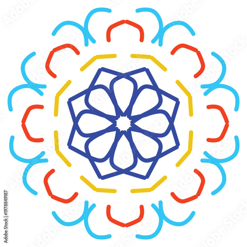 Colorful Mandala Floral Pattern Abstract Geometric Ornament, Symmetrical Decorative Vector Design with Vibrant Modern Circular Artwork on White Background.